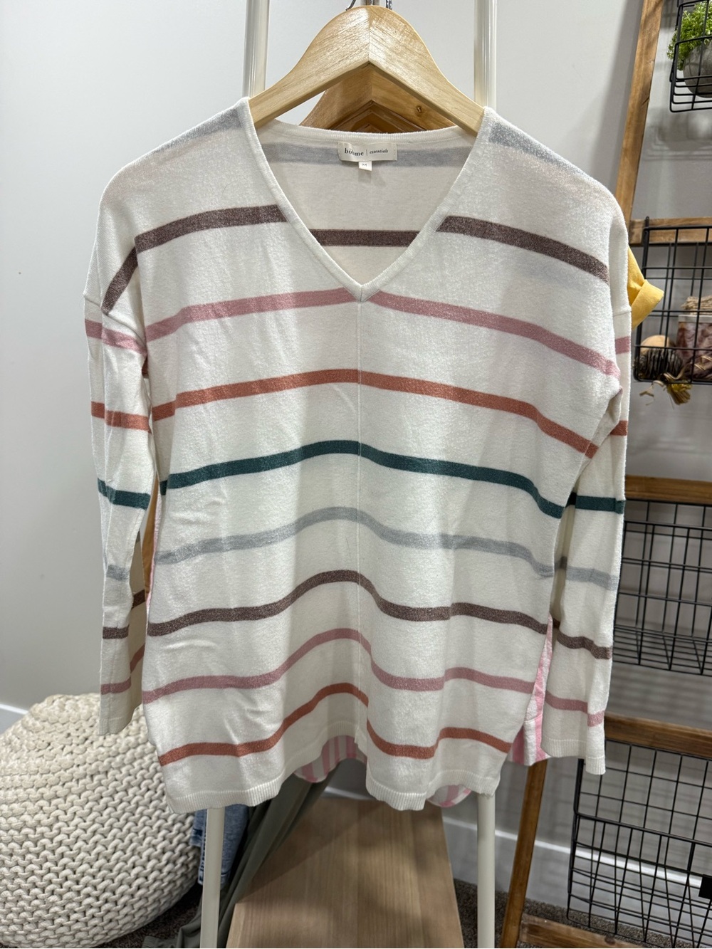 Bohme Size M.Striped V-Neck Lightweight Sweater - Cream with Multi Color Stripes